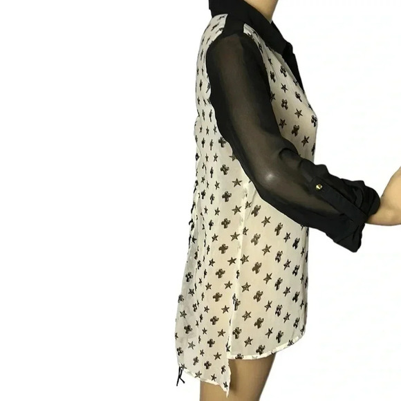 Sheer,lace up,blouse,cross,stars,hi lo,punk,goth,cosplay,steampunk,whimsigoth - Picture 6 of 12